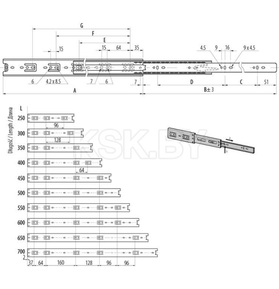 Направляющая шариковая h=45 L-300, W, GTV (10256) 