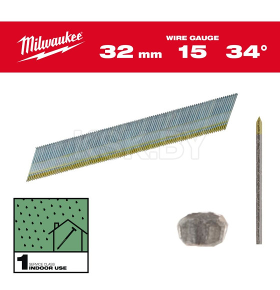 Гвозди для нейлера 15G/34°/32 мм (упак. 4000 шт.) Milwaukee 4932492574 (4932492574) 