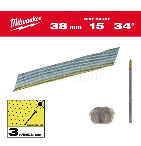 Гвозди для нейлера 15G/34°/38 мм INOX (упак. 2500 шт.) Milwaukee 4932492579 (4932492579) 