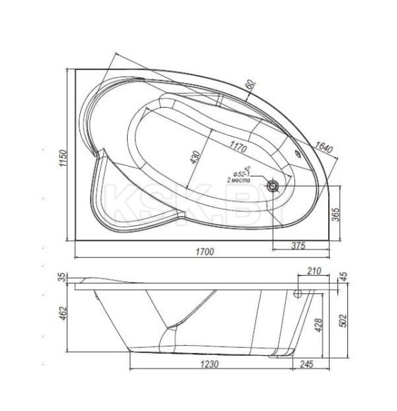 Ванна акриловая угловая 170х115 см Vento Spa Nika правая   