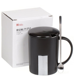 Кружка с ложкой и крышкой MUG-337 цвет МИКС