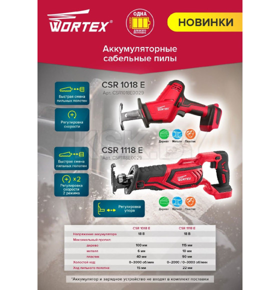 Сабельная пила аккумуляторная WORTEX CSR 1018 E в кор. ALL1 SOLO (CSR1018E0029) 