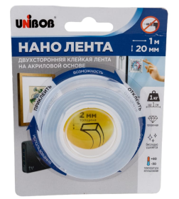 Лента клейкая нано кристально-прозрачная 20 мм х 1 м (пена) UNIBOB 97246