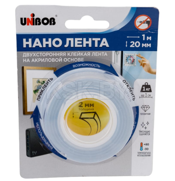 Лента клейкая нано кристально-прозрачная 20 мм х 1 м (пена) UNIBOB 97246 (97246) 