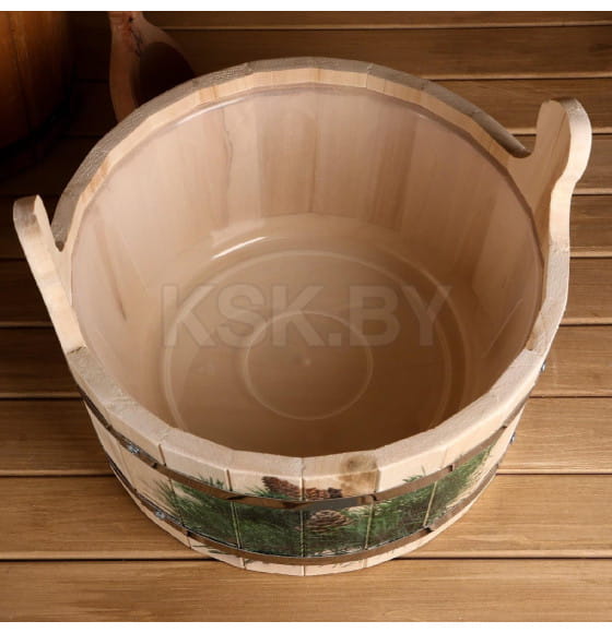 Шайка из липы, 10 л, двуручная, пластиковая вставка, нержавеющий обод, 