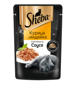 Корм консервированный полнорационный SHEBA® для взрослых кошек с курицей и индейкой. «Ломтики в соусе. Курица и индейка» 28*75г