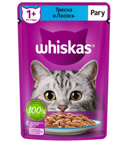 Корм консервированный полнорационный WHISKAS® для взрослых кошек рагу с треской и лососем «треска и лосось» 28*75г