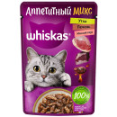 Корм консервированный полнорационный WHISKAS® для взрослых кошек с уткой и печенью в мясном соусе «Аппетитный микс. Утка. Печень. 