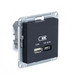 Розетка 2-я USB (A 1,5А + C 3А 45W) QC PD карбон Schneider Electric Atlasdesign ATN001029