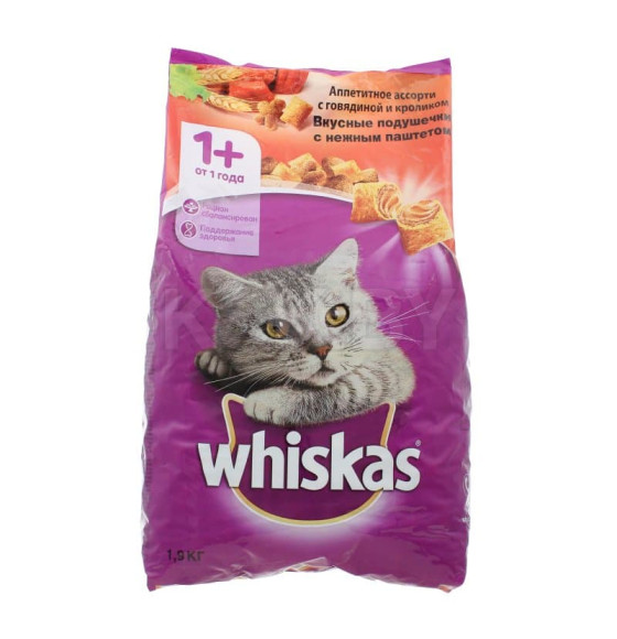 Корм сухой Whiskas для взрослых кошек с нежн. паштетом Говядина,  1,9 кг