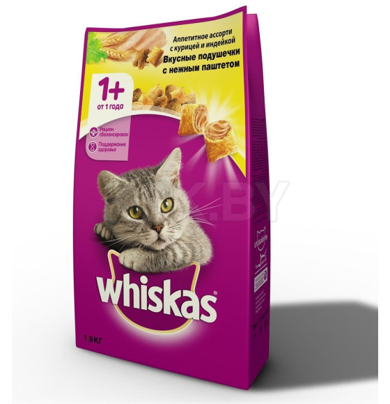 Корм сухой Whiskas для взрослых кошек с нежн. паштетом Курица, индейка  1,9 кг