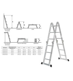 Лестница алюминиевая шарнирная 4-х секц. 122/228/460см 4*4 ступ., 13кг STARTUL