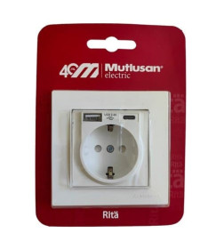 Розетка 2P+E, USB Type A, USB Type C, 2,4A (однопостовой монтаж в комплекте с рамкой), белый, Rita