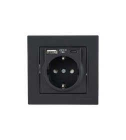 Розетка 2P+E, USB Type A, USB Type C, 2,4A (однопостовой монтаж в комплекте с рамкой), черный мат, Rita