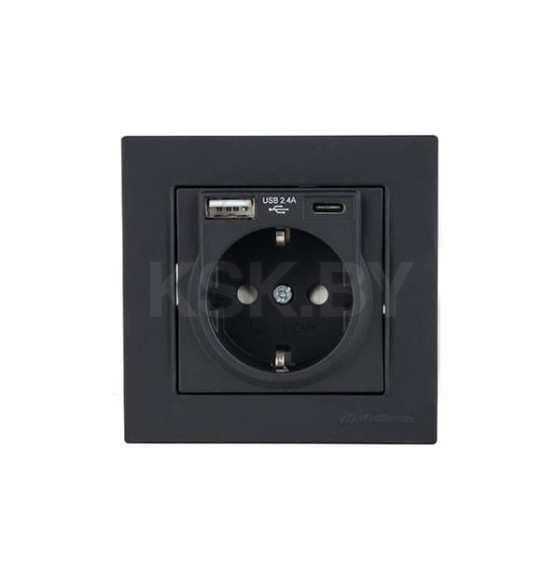 Розетка 2P+E, USB Type A, USB Type C, 2,4A (однопостовой монтаж в комплекте с рамкой), черный мат, Rita (2220-629-0284)
