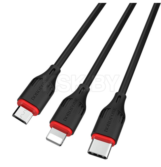 Кабель USB BOROFONE BX17 3в1 lightning, Micro, Type-c 1.0м, 2.4A черный (99376)