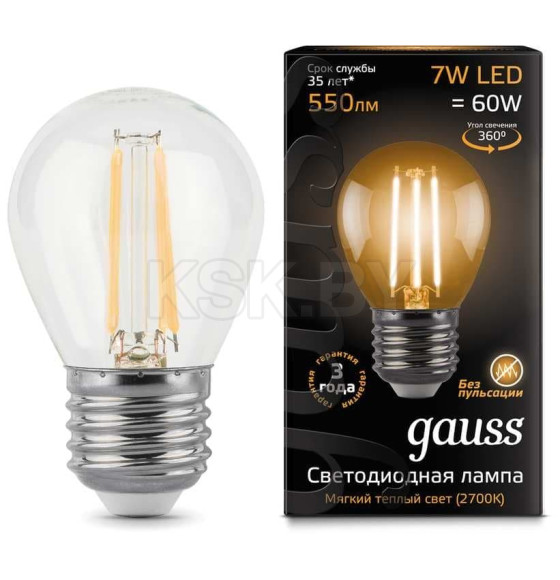 Лампа светодиодная, шар, E27, 7Вт, 220, 2700K, Filament Globe Gauss (105802107) 