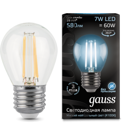 Лампа светодиодная, шар, E27, 7Вт, 220, 4100K, Filament Globe Gauss