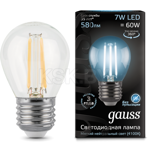 Лампа светодиодная, шар, E27, 7Вт, 220, 4100K, Filament Globe Gauss (105802207) 