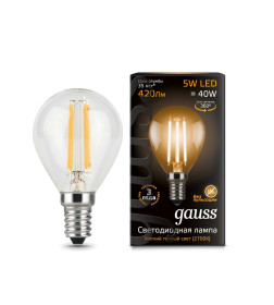 Лампа светодиодная, шар, Е14, 5Вт, 220в., 2700K, Filament Globe Gauss