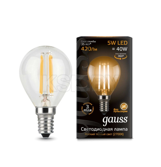 Лампа светодиодная, шар, Е14, 5Вт, 220в., 2700K, Filament Globe Gauss (105801105) 