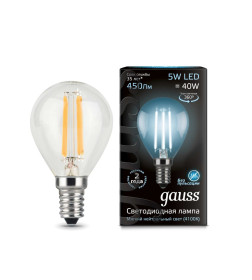 Лампа светодиодная, шар, Е14, 5Вт, 220в., 4100K, Filament Globe Gauss