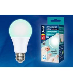 Лампа светодиод. E27 9W A60 диммируемая для бройлеров, спектр синий и зеленый IP65 Uniel