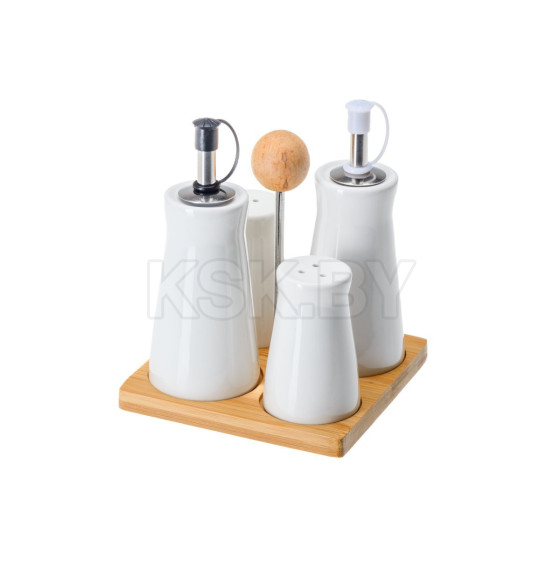 Набор для специй фарфоровый на бамбуковой подставке 4 пр. 11,5*11,5*14,5 см: 2 бутылки для уксуса/масла, солонка, перечница(арт. 2 (26258596) 