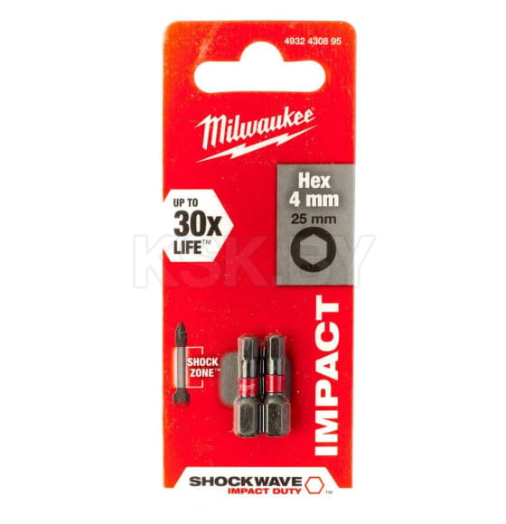 Бита HEX 4х25мм ударная Milwaukee Shockwave (2 шт.) (4932430895) 
