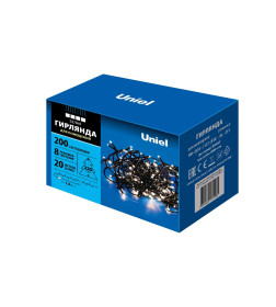 Гирлянда светодиодная, 20м. 200 светодиодов. Белый свет Провод зеленый ТМ Uniel ULD-S2000-200/DGA WHITE IP20