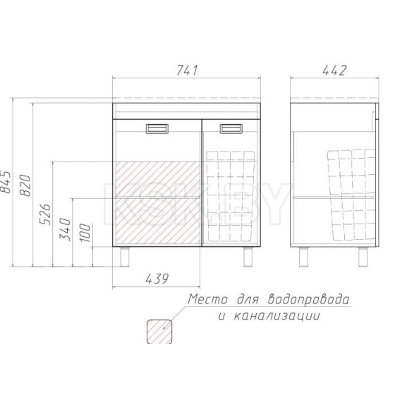 Тумба напольная Домино. CUBE 75  под умывальник ELEN с корзиной для белья (DC5003T) 