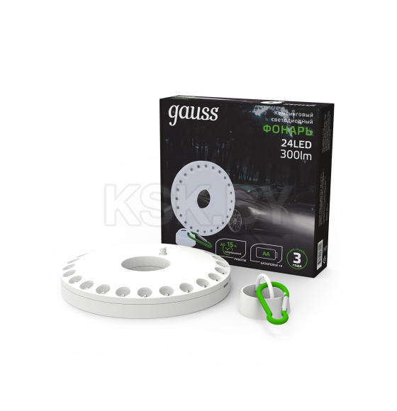 Фонарь кемпинговый Gauss модель GFL003 24LED 300lm  3xAA белый магнит и карабин LED  (GF003) 