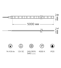 Лента Gauss Basic LED 2835/240 12V 14,4W/m 1600lm/m 4000K 10mm IP20 5m 