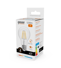 Лампа светодиодная Е27 А60 7W 530lm 2700К Gauss Filament Elementary 22217