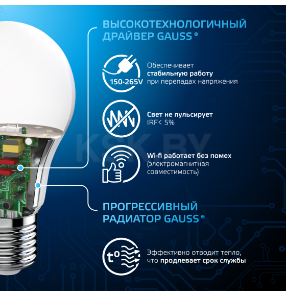 Лампа Gauss A60 12W 1200lm 6500K E27 LED 1/10/50 (102502312) 