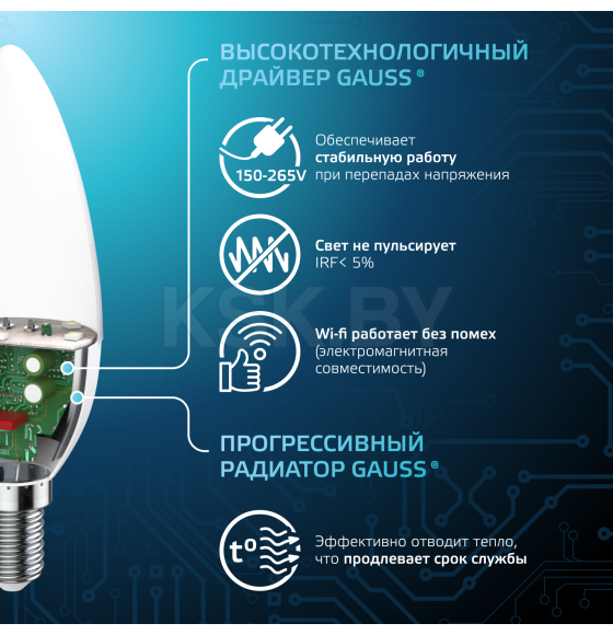 Лампа светодиодная, свеча (C37), Е14, 6.5Вт, 220в., 4100K, Elementary Candle Gauss (103101207) 