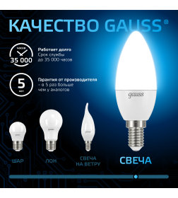 Лампа светодиодная свеча Е14 6.5W 550lm 6500К Gauss 103101307