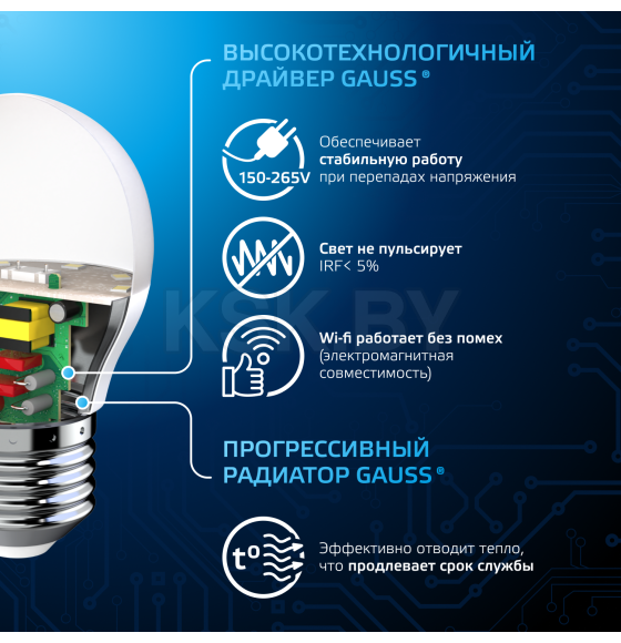 Лампа светодиодная шар Е27 6.5W 550lm 6500K E27 Gauss 105102307 (105102307) 