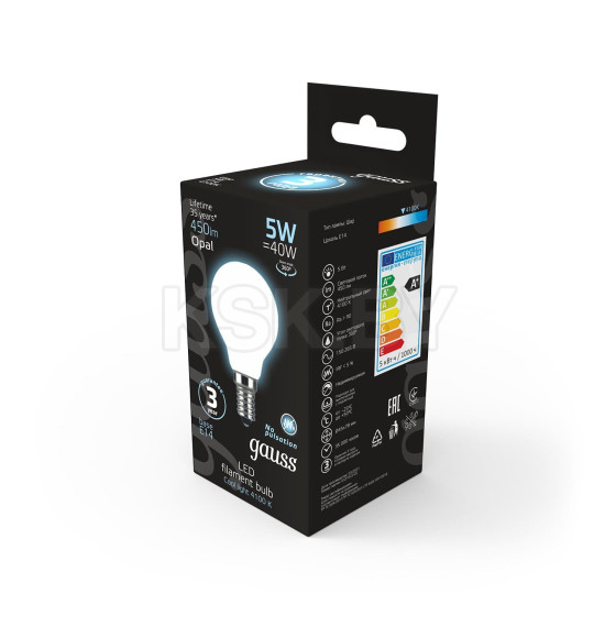 Лампа Gauss Filament Шар 5W 450lm 4100К Е14 milky LED  (105201205) 