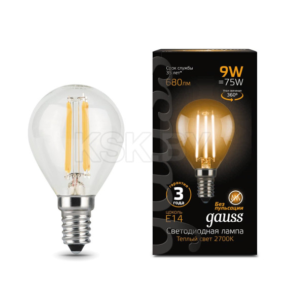 Лампа Gauss Filament Шар 9W 680lm 2700К Е14 LED  (105801109) 