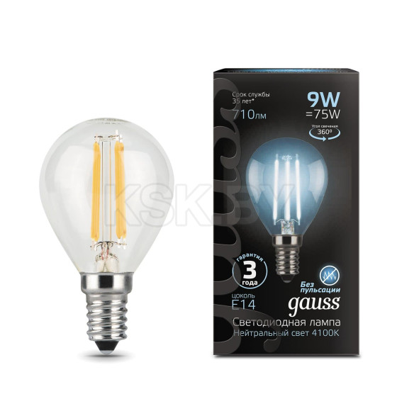 Лампа Gauss Filament Шар 9W 710lm 4100К Е14 LED  (105801209) 