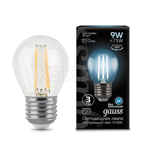 Лампа Gauss Filament Шар 9W 710lm 4100К Е27 LED  (105802209) 