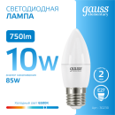 Лампа светодиодная свеча Е27 10W 750lm 6500K E27 Gauss Elementary 30230 (30230) 