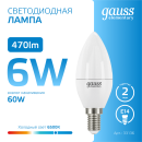 Лампа светодиодная свеча Е14 6W 470lm 6500K Gauss Elementary 33136 (33136) 