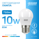 Лампа светодиодная шар Е27 10W 750lm 6500K Gauss Elementary 53230 (53230) 