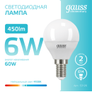 Лампа светодиодная шар Е14 6W 450lm 4100K Gauss Elementary 53126 (53126) 