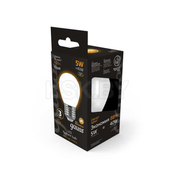 Лампа Gauss Filament Шар 5W 420lm 2700К Е27 milky LED  (105202105) 