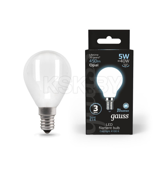 Лампа Gauss Filament Шар 5W 450lm 4100К Е14 milky LED  (105201205) 