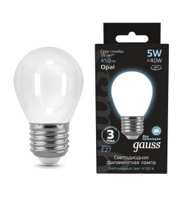 Лампа Gauss Filament Шар 5W 450lm 4100К Е27 milky LED 