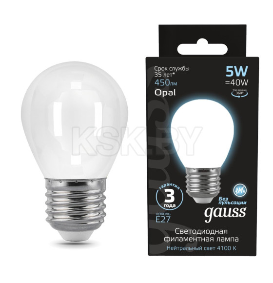 Лампа Gauss Filament Шар 5W 450lm 4100К Е27 milky LED  (105202205) 